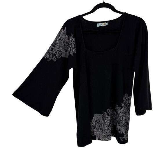 Unity World Sweater Knit Tunic size XL Black Gray Floral Rhinestone Pullover - Picture 1 of 9